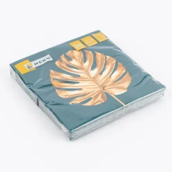 Serviette Golden Leaf Monstera-Blatt türkis goldfarbig 33x33cm 3lagig 20 Stück