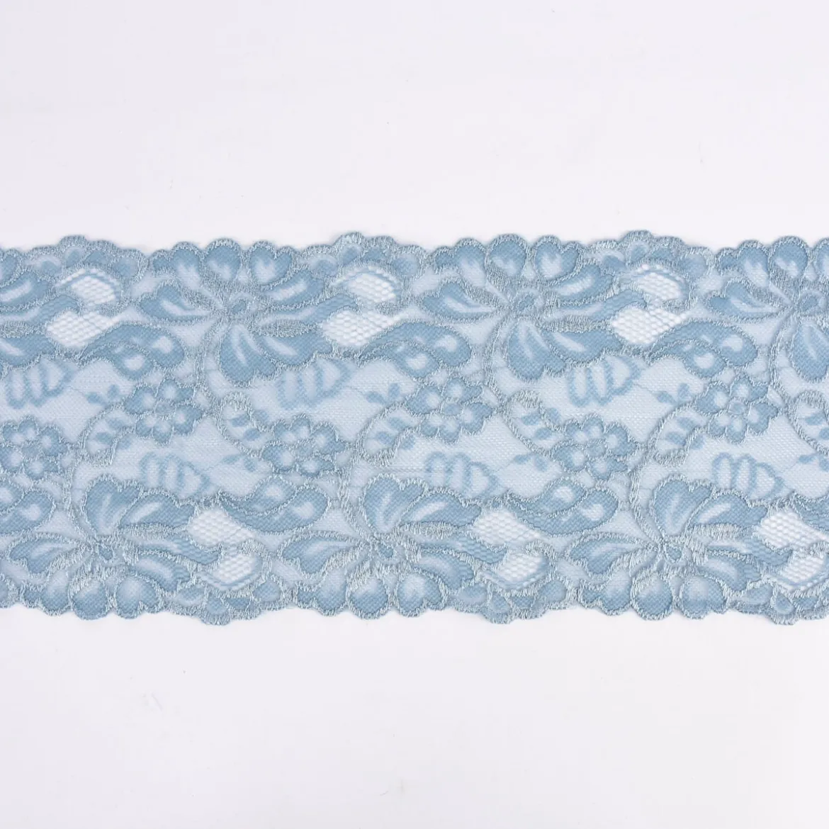 Spitze elastisch Blumen Meterware hell jeansblau Breite: 15cm