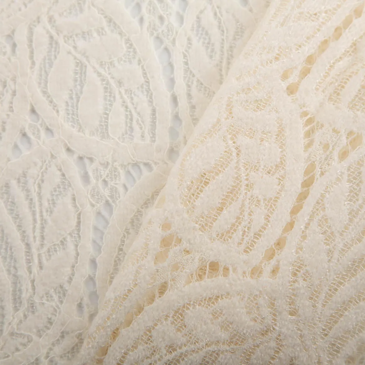 Spitze mit Chenille Blätterdessin Meterware wollweiß 150cm breit