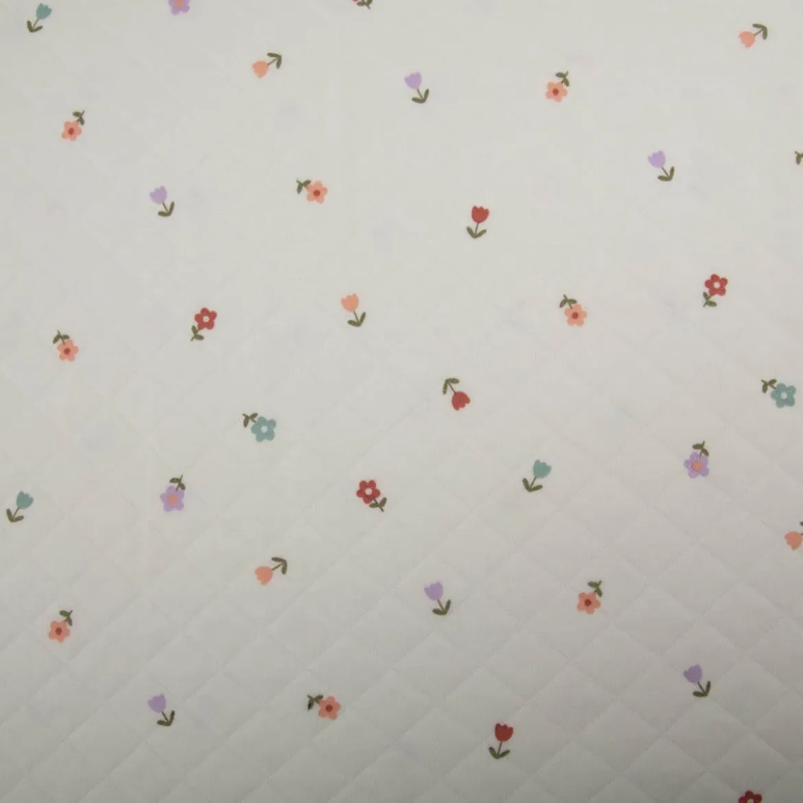 Steppstoff mit Rautensteppung leichter Wattierung Blümchen wollweiß bunt 1,40m Breite