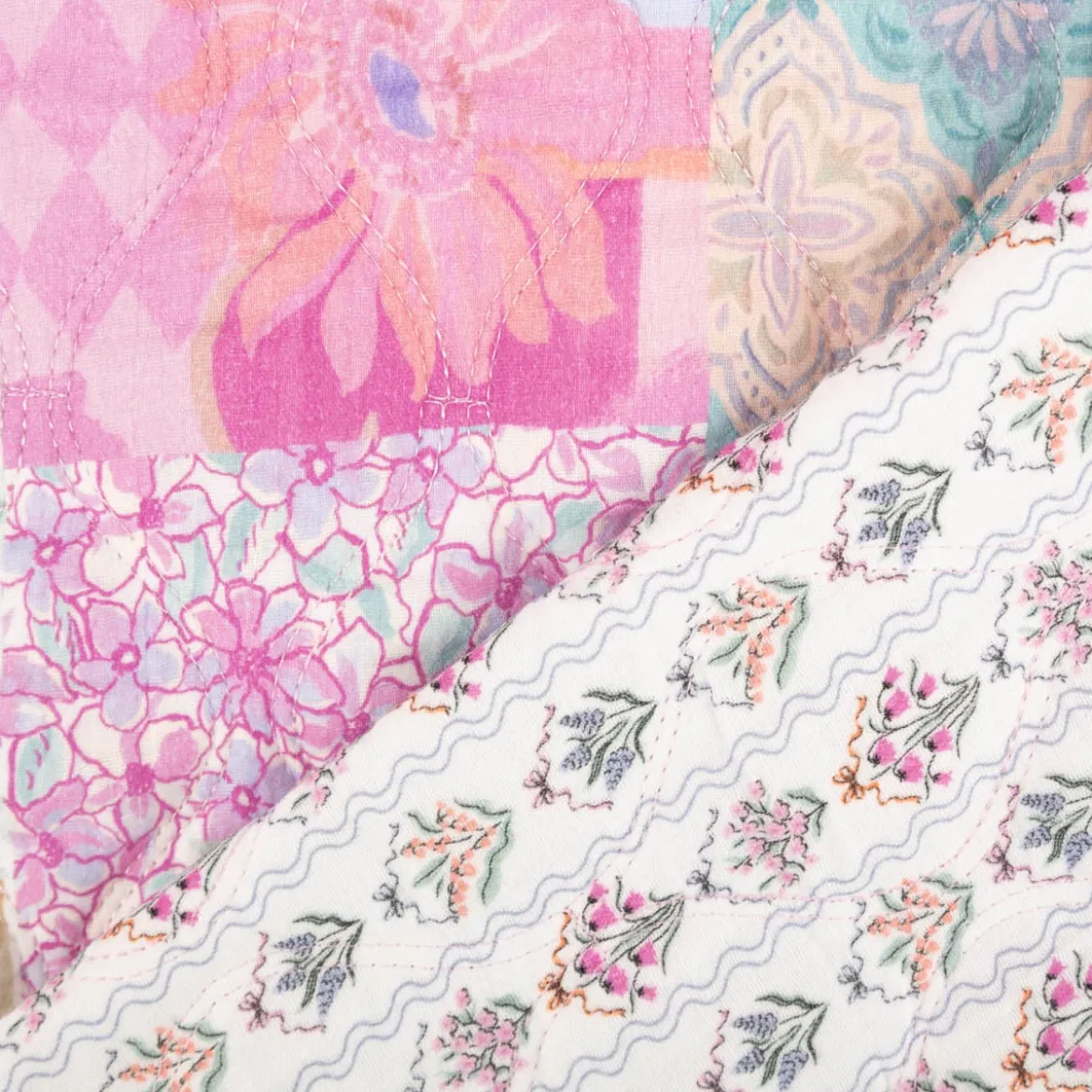 Steppstoff Musselin Stoff Blumen Patches Digitaldruck ecru rosa türkis 1,30m Breite