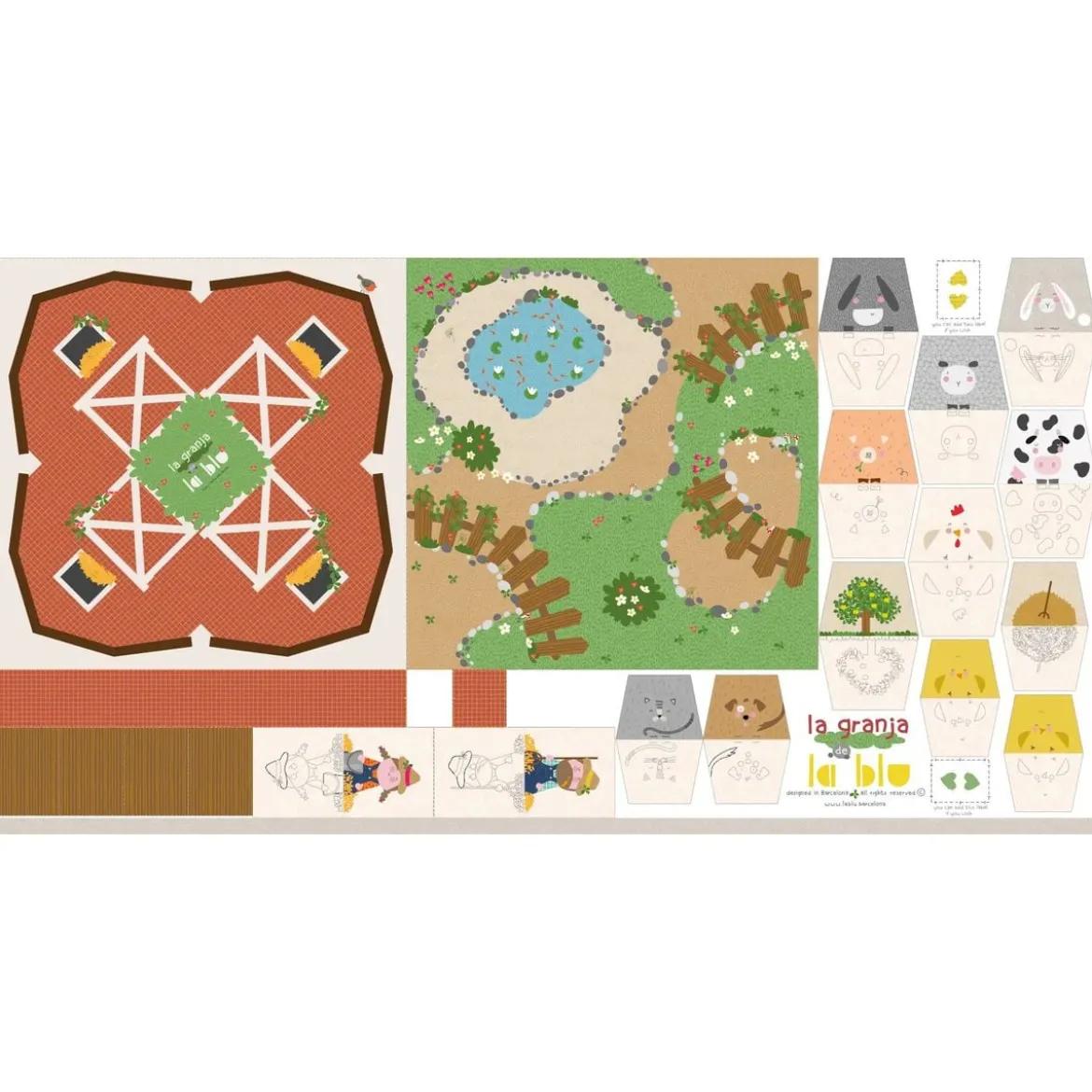Stoffpanel La Granja Bauernhof Spielset Tiere 140x70cm bunt zum Selbernähen