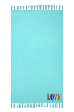 Strandtuch Hamamtuch Plaid Fouta LOVE mit Fransenrand türkis 90x180cm