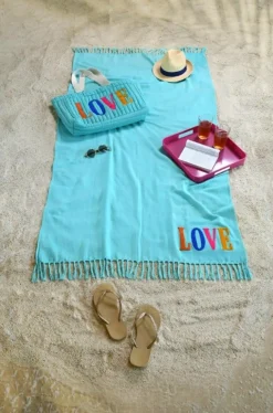 Strandtuch Hamamtuch Plaid Fouta LOVE mit Fransenrand türkis 90x180cm