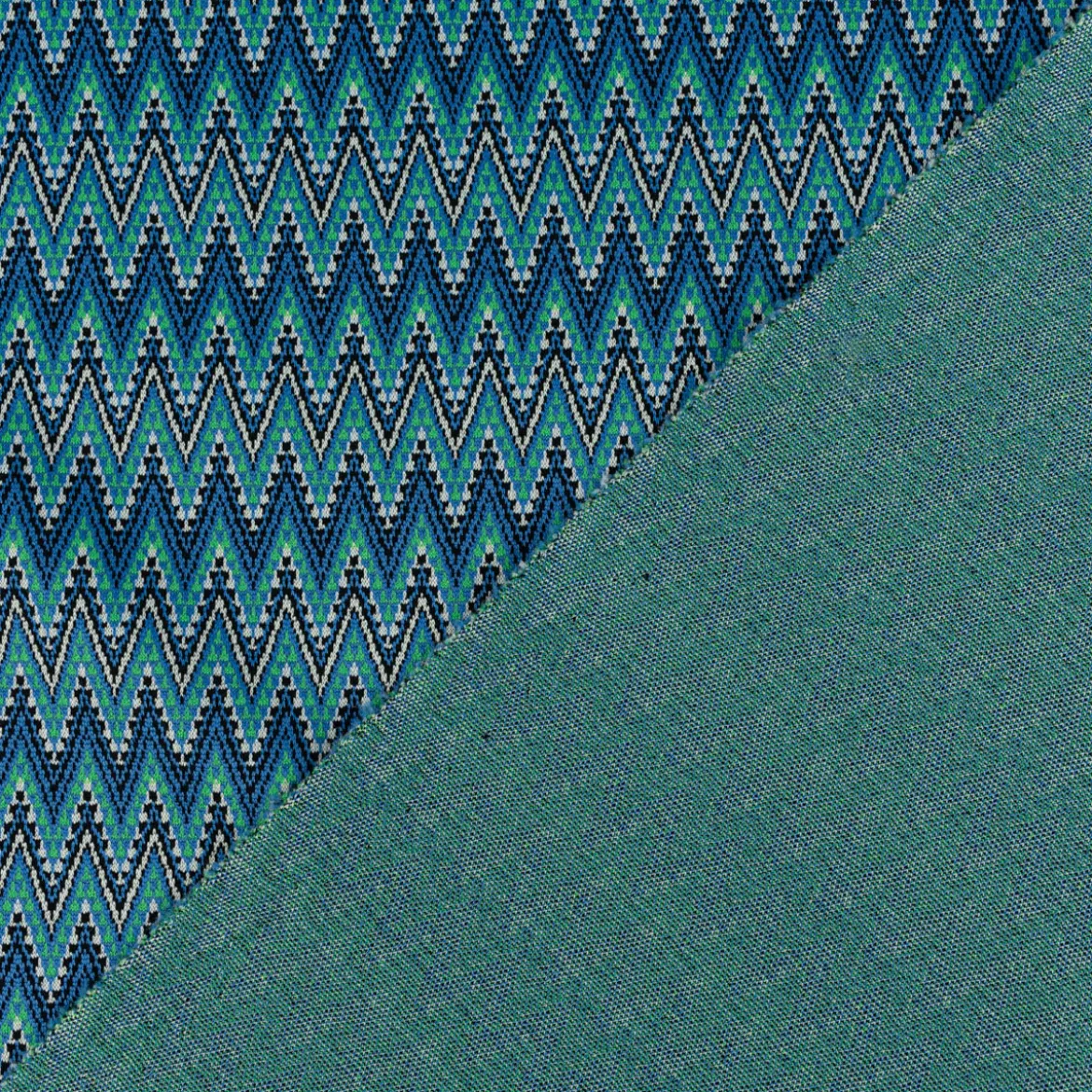 Strickstoff Jacquard Chevron ZickZack fein grün blau 1,48m Breite