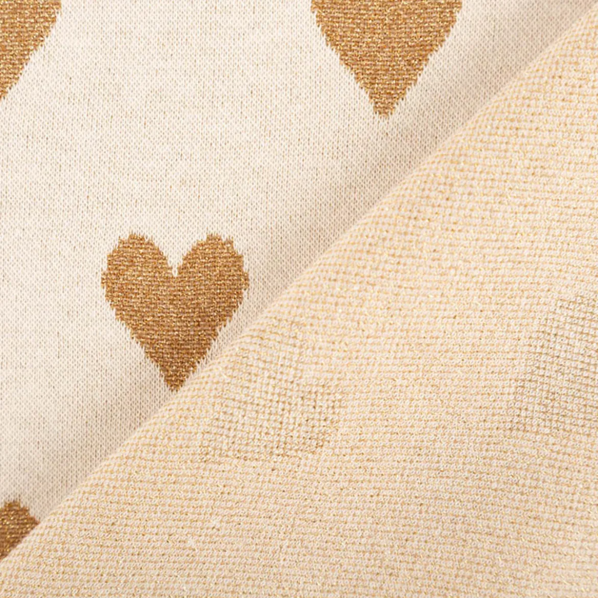 Strickstoff Jacquard Lurex Herzen natur goldfarbig 1,45m Breite
