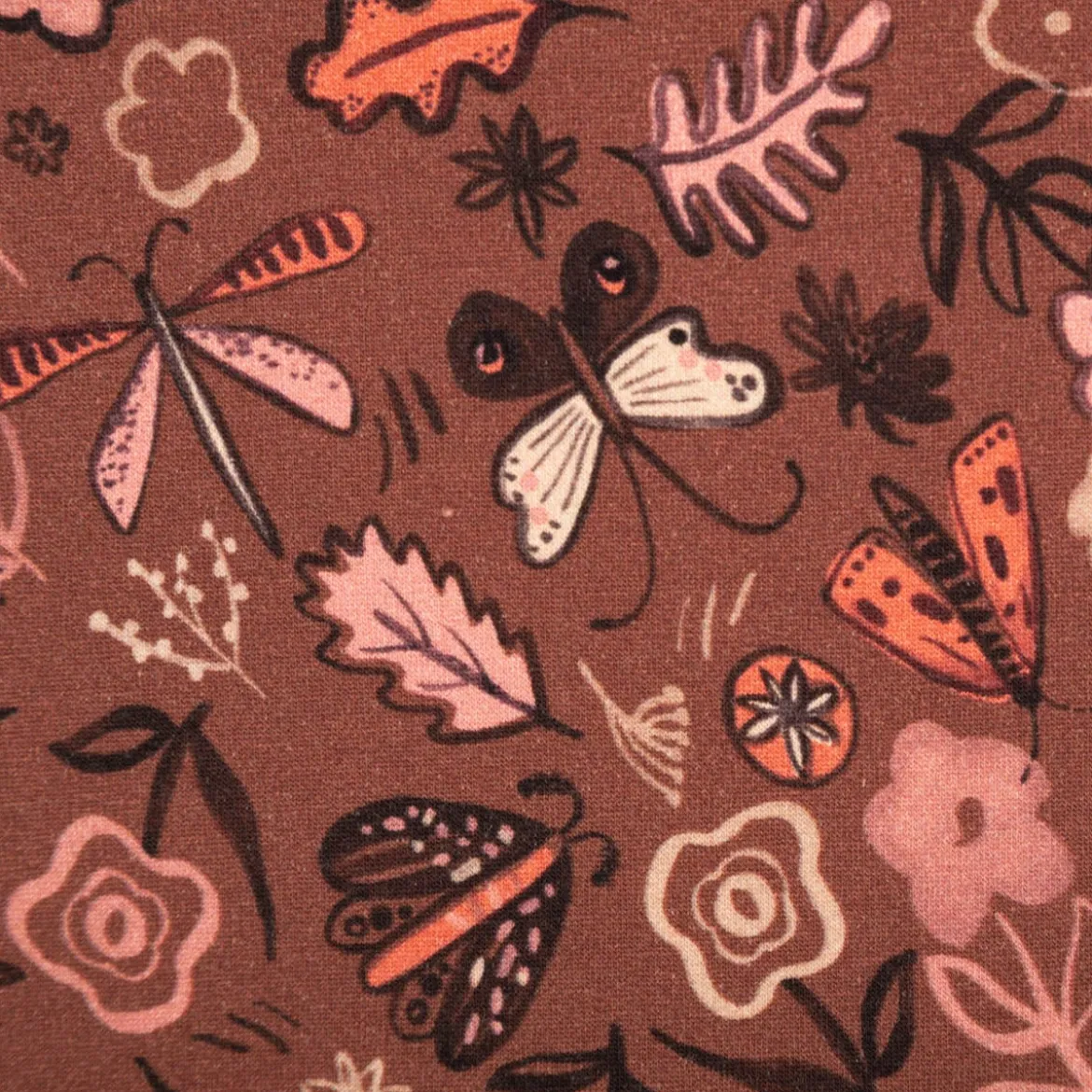Sweatstoff aus Baumwolle Blumen Schmetterlinge Digitaldruck braun 1,48m Breite
