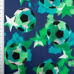 Sweatstoff aus Baumwolle Digitaldruck Fußball Sterne dunkelblau grün 1,48m Breite