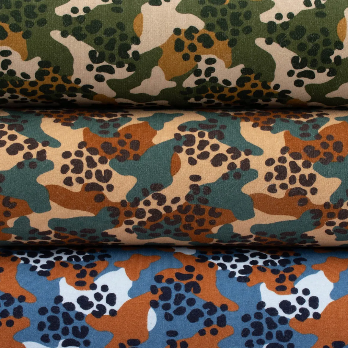 Sweatstoff Bio Soft Sweat dünn Camouflage Leo camel braun dunkelgrün 1,5m Breite
