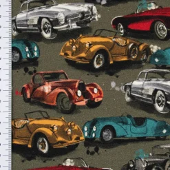 Sweatstoff Digitaldruck Oldtimer Autos grün rot gelb petrol 1,45m Breite