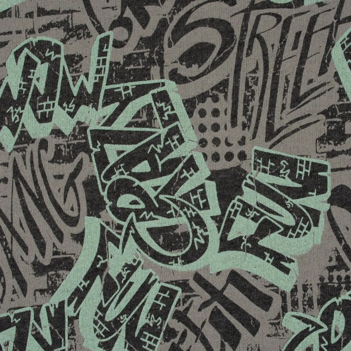 Sweatstoff GRAFFITI Schriftzug betongrau mint dunkelgrau 1,4m Breite