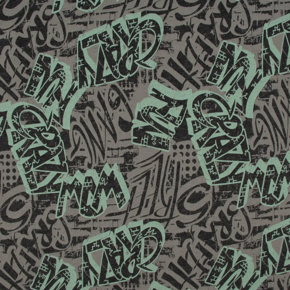 Sweatstoff GRAFFITI Schriftzug betongrau mint dunkelgrau 1,4m Breite
