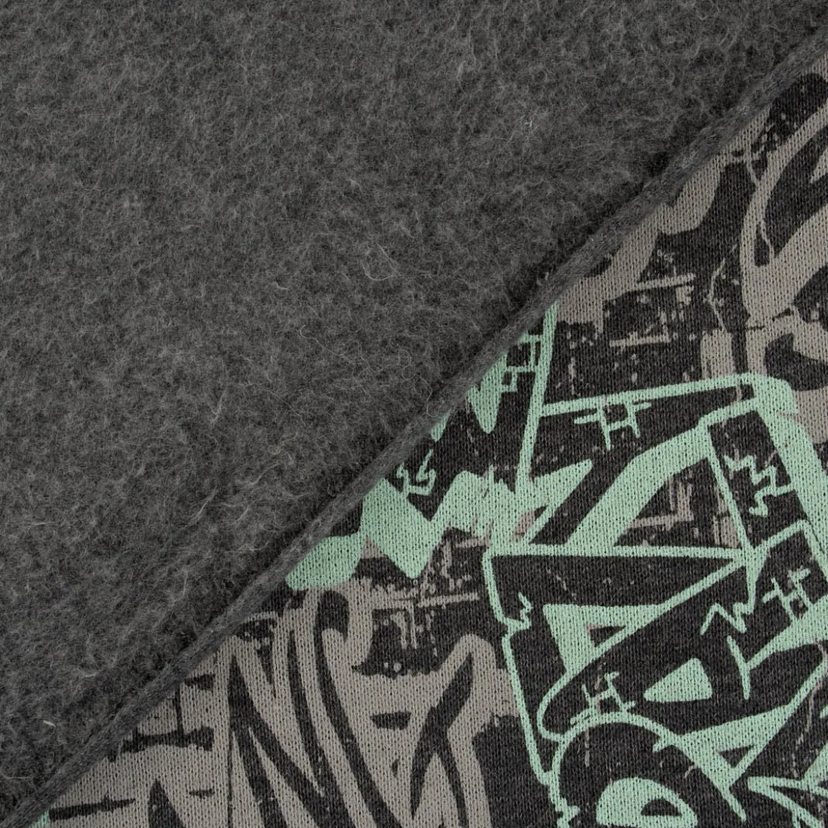 Sweatstoff GRAFFITI Schriftzug betongrau mint dunkelgrau 1,4m Breite