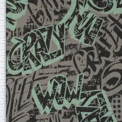 Sweatstoff GRAFFITI Schriftzug betongrau mint dunkelgrau 1,4m Breite