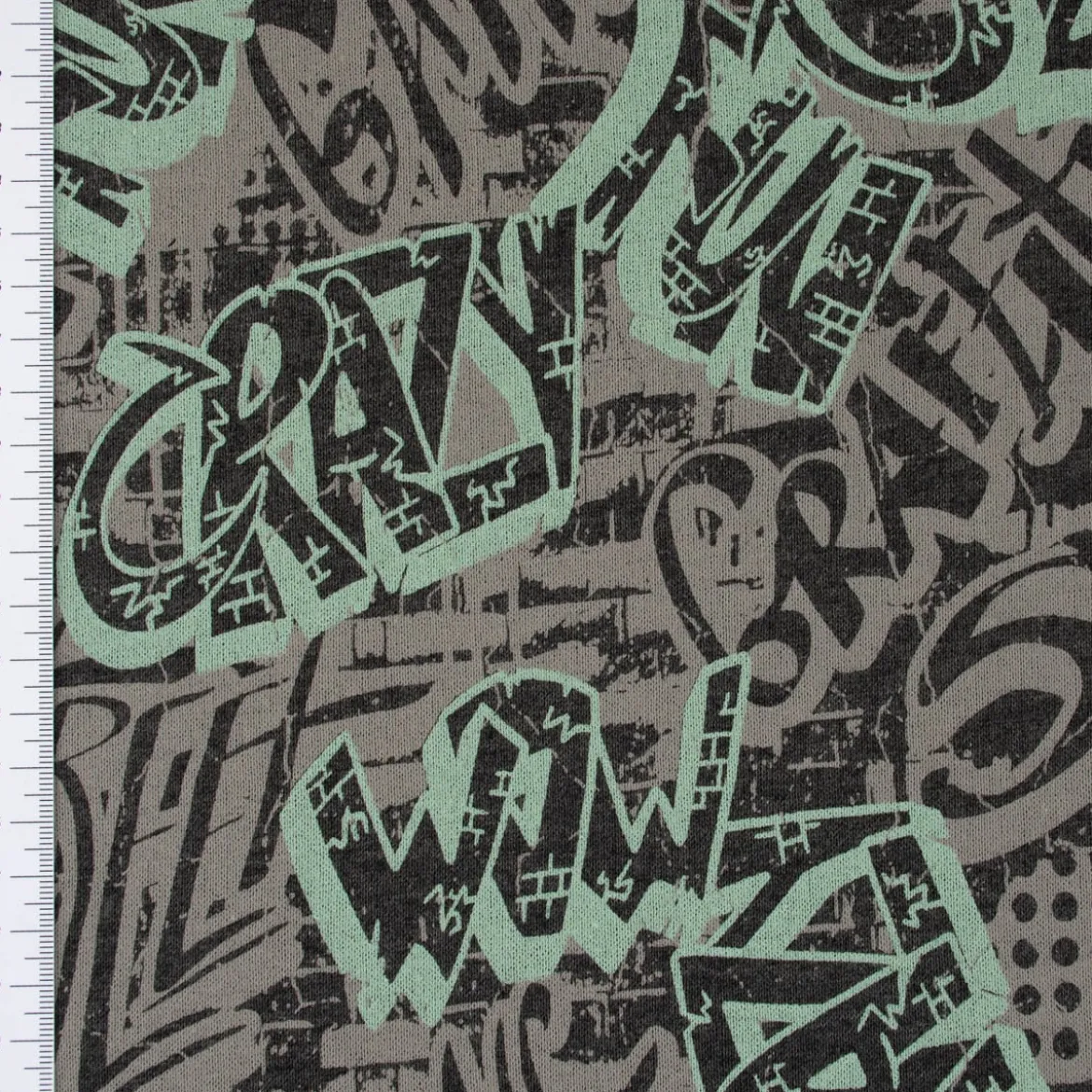 Sweatstoff GRAFFITI Schriftzug betongrau mint dunkelgrau 1,4m Breite