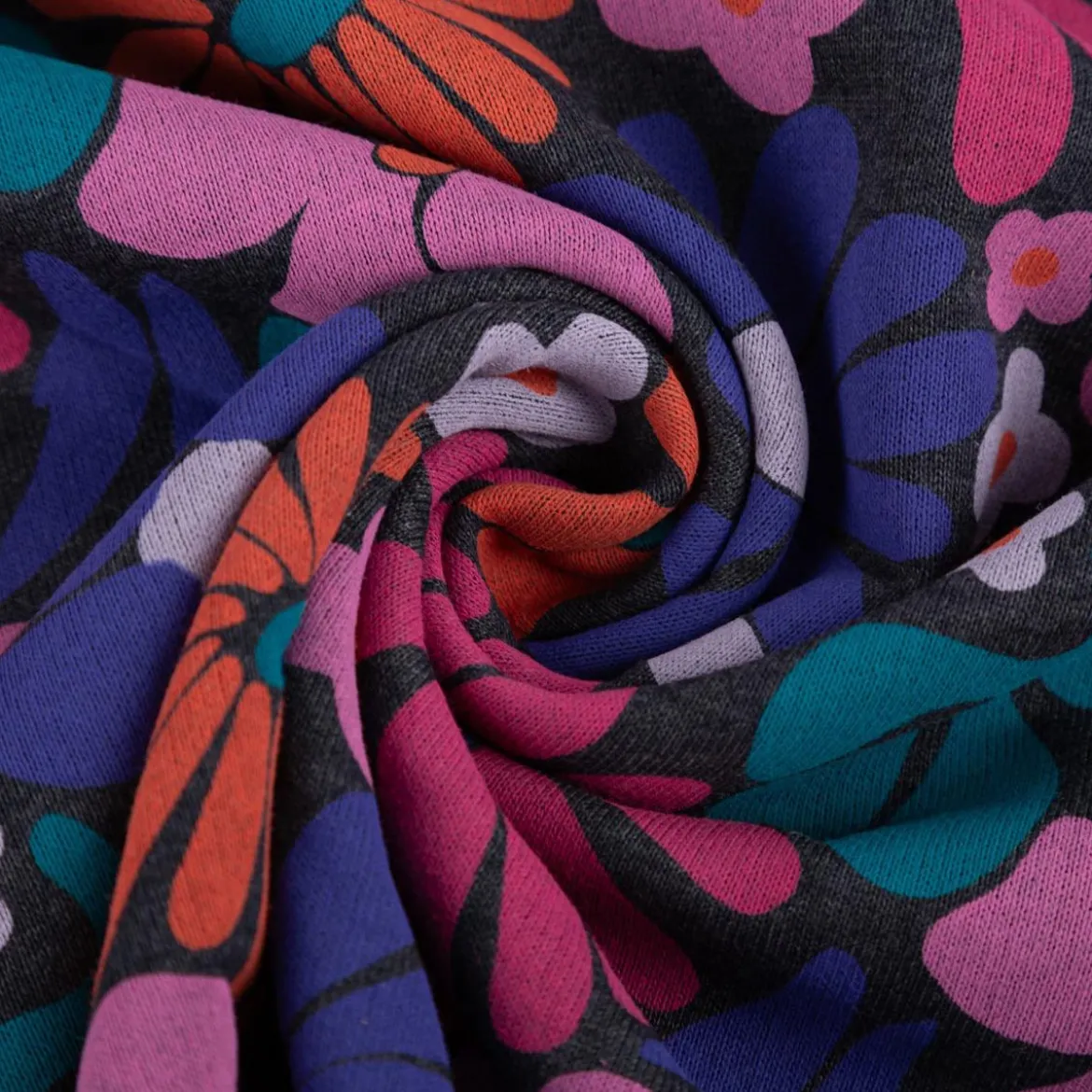 Sweatstoff Melange Blumen Blüten abstrakt dunkelblau rosa rot 1,38m Breite