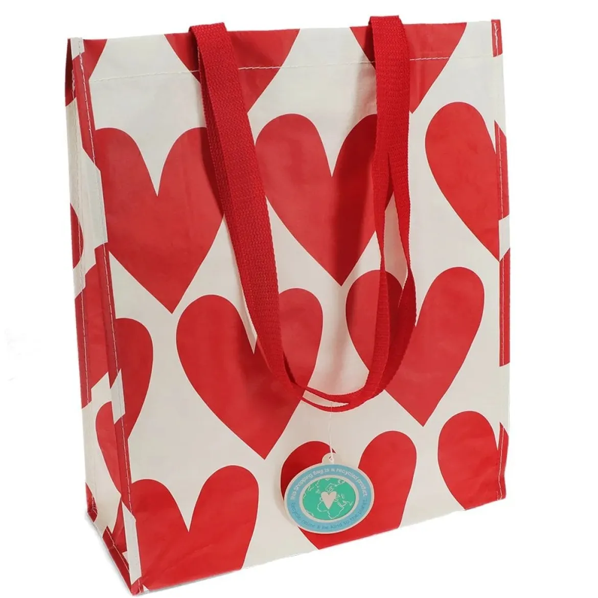 Tasche Herzen aus recycelten Material weiß rot 34x14x40cm