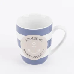 Tasse aus Porzellan Zuhause ist wo der Anker fällt Streifen Anker blau weiß beige 250ml von La Vida