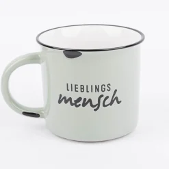 Tasse Vintage aus Keramik in Emaille-Optik Lieblingsmensch hellgrün schwarz 400ml von Grafik Werkstatt