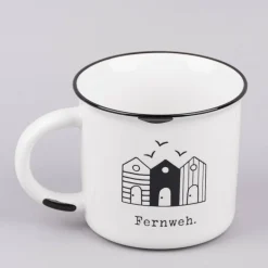 Tasse Vintage aus Keramik in Emaille-Optik Maritim Fernweh weiß schwarz 400ml von Grafik Werkstatt