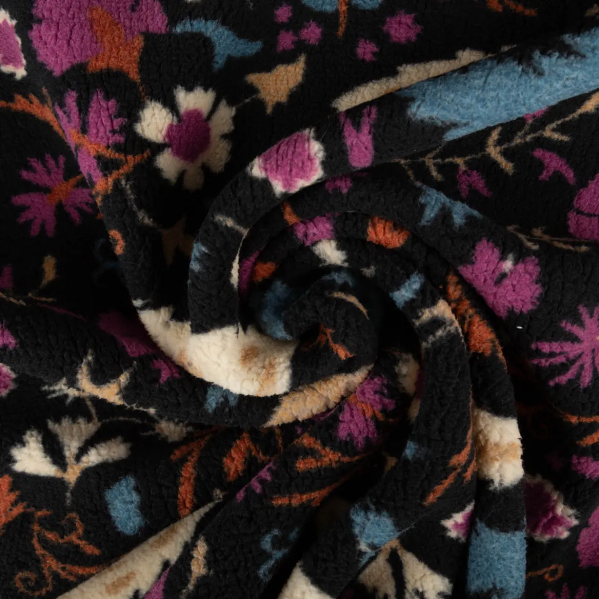 Teddy Stoff Plüsch ALIO Blumen Ornamente schwarz lila blau 1,50m Breite