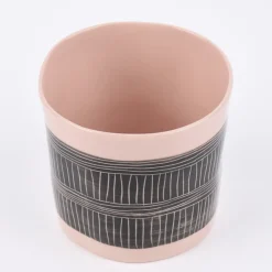 Teelichthalter mit Linienmuster Keramik rosa schwarz 8x7,5cm