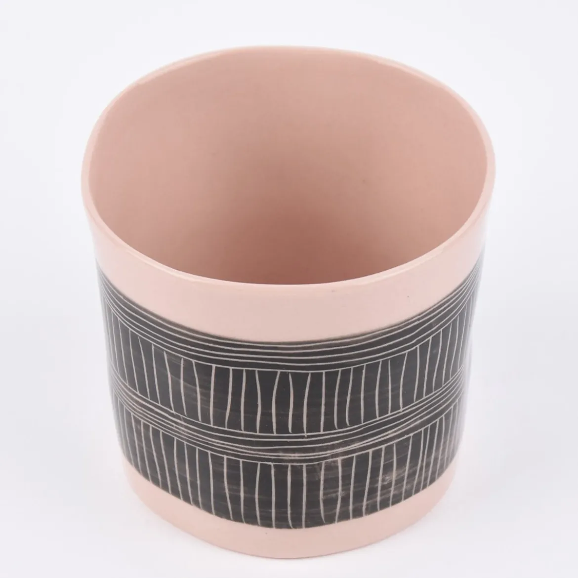 Teelichthalter mit Linienmuster Keramik rosa schwarz 8x7,5cm
