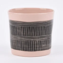 Teelichthalter mit Linienmuster Keramik rosa schwarz 8x7,5cm