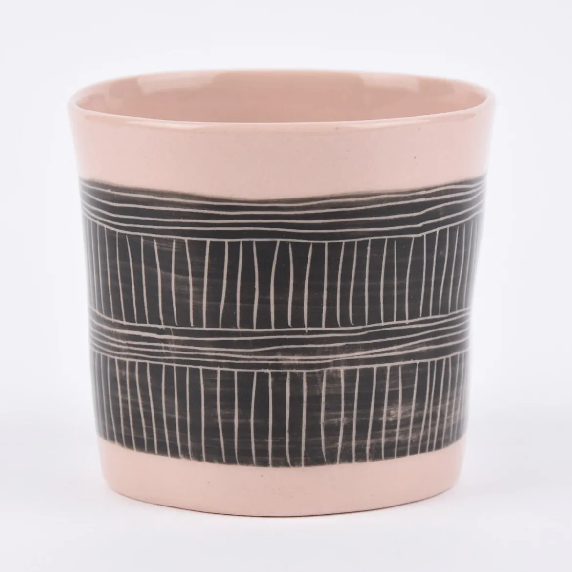 Teelichthalter mit Linienmuster Keramik rosa schwarz 8x7,5cm