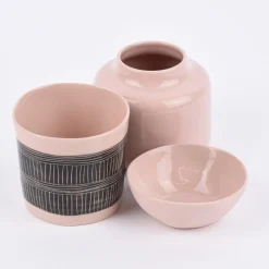 Teelichthalter mit Linienmuster Keramik rosa schwarz 8x7,5cm