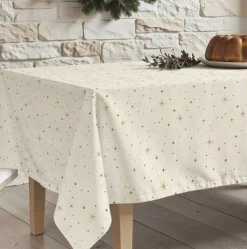 Tischdecke abwaschbar aus beschichteter Baumwolle Sterne natur gold 155 x 250 cm
