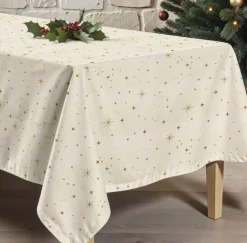Tischdecke abwaschbar aus beschichteter Baumwolle Sterne natur gold 155 x 250 cm