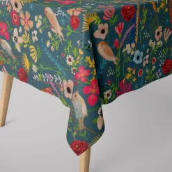 Tischdecke abwaschbar Floral Happy Garden Blumen Vögel blau bunt div. Größen von SCHÖNER LEBEN.