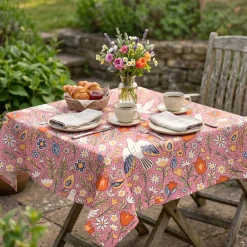 Tischdecke aus Baumwolle mit Blumen und Tauben rosa bunt von SCHÖNER LEBEN. – handgenäht & auf Maß