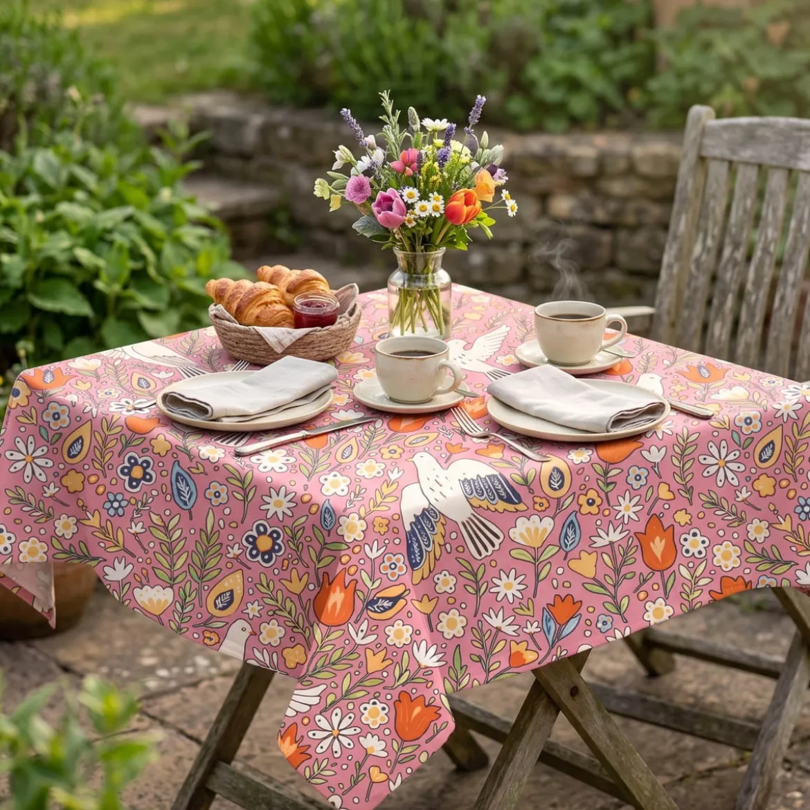 Tischdecke aus Baumwolle mit Blumen und Tauben rosa bunt von SCHÖNER LEBEN. – handgenäht & auf Maß