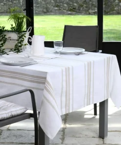 Tischdecke Chaumont aus Baumwolle Streifen wollweiß-natur 140x200cm