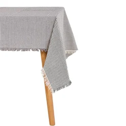 Tischdecke Gastro aus Baumwolle mit Fransenrand Streifen dunkelblau beige 140x180cm