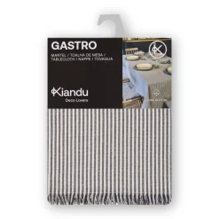 Tischdecke Gastro aus Baumwolle mit Fransenrand Streifen dunkelblau beige 140x180cm