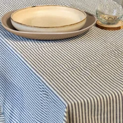Tischdecke Gastro aus Baumwolle mit Fransenrand Streifen dunkelblau beige 140x240cm