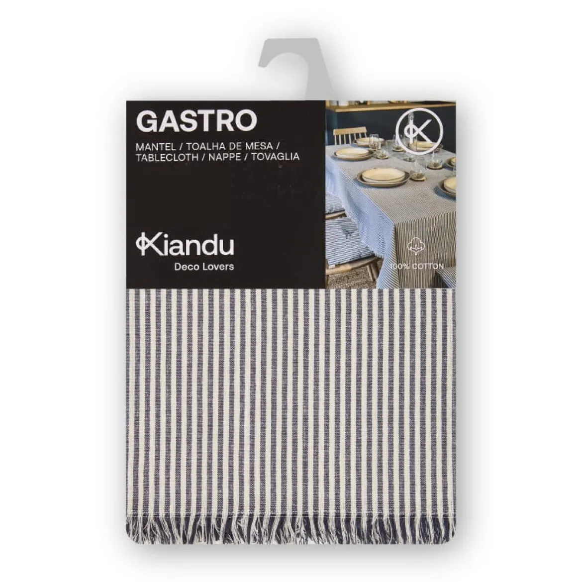Tischdecke Gastro aus Baumwolle mit Fransenrand Streifen dunkelblau beige 140x240cm