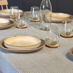 Tischdecke Gastro aus Baumwolle mit Fransenrand Streifen dunkelblau beige 140x240cm