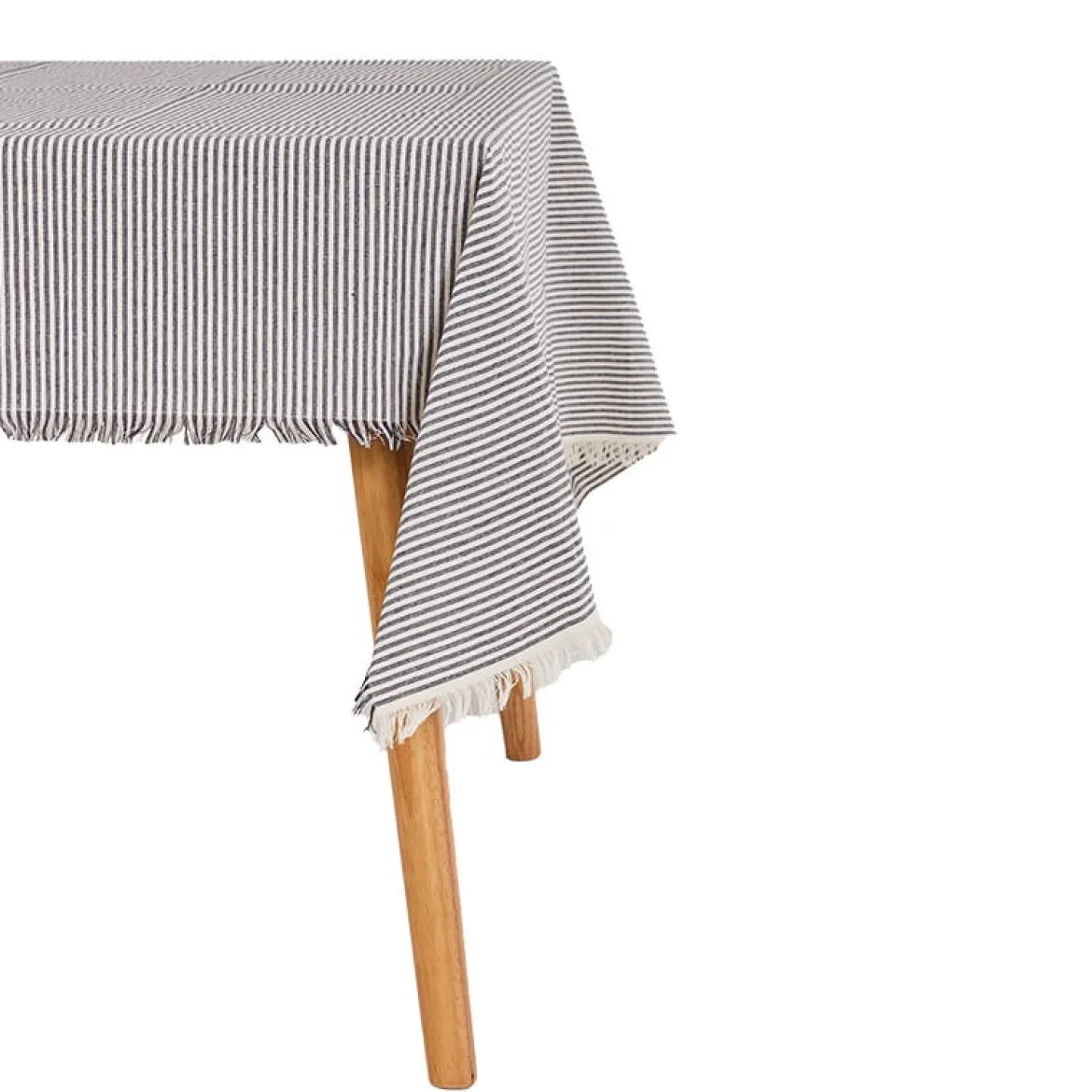 Tischdecke Gastro aus Baumwolle mit Fransenrand Streifen dunkelblau beige 140x240cm