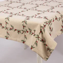 Tischdecke Gobelin Mistelzweige mit Beeren Gitter beige rot grün in versch. Größen von SCHÖNER LEBEN.