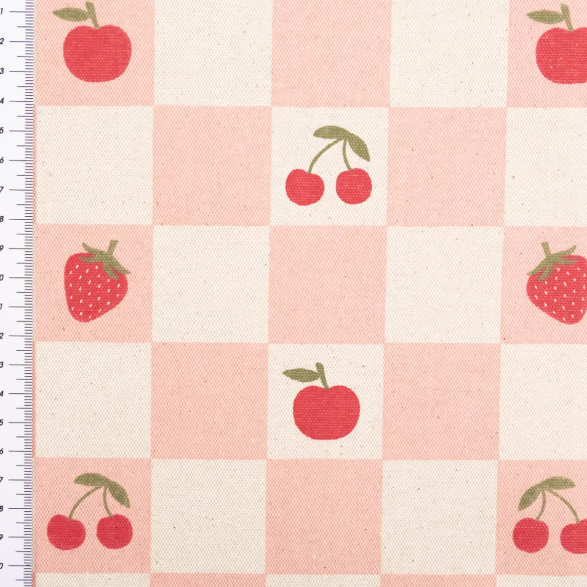 Tischdeckenstoff abwaschbar Canvas beschichtet Karo Obst rosa natur rot 1,48m Breite