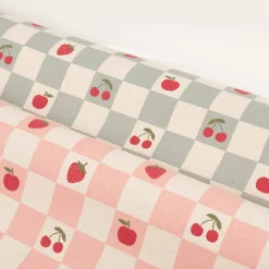 Tischdeckenstoff abwaschbar Canvas beschichtet Karo Obst rosa natur rot 1,48m Breite