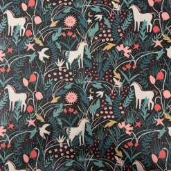 Tischdeckenstoff abwaschbar Baumwollstoff beschichtet AZORA Einhorn Blumen schwarz bunt 1,45m Breite