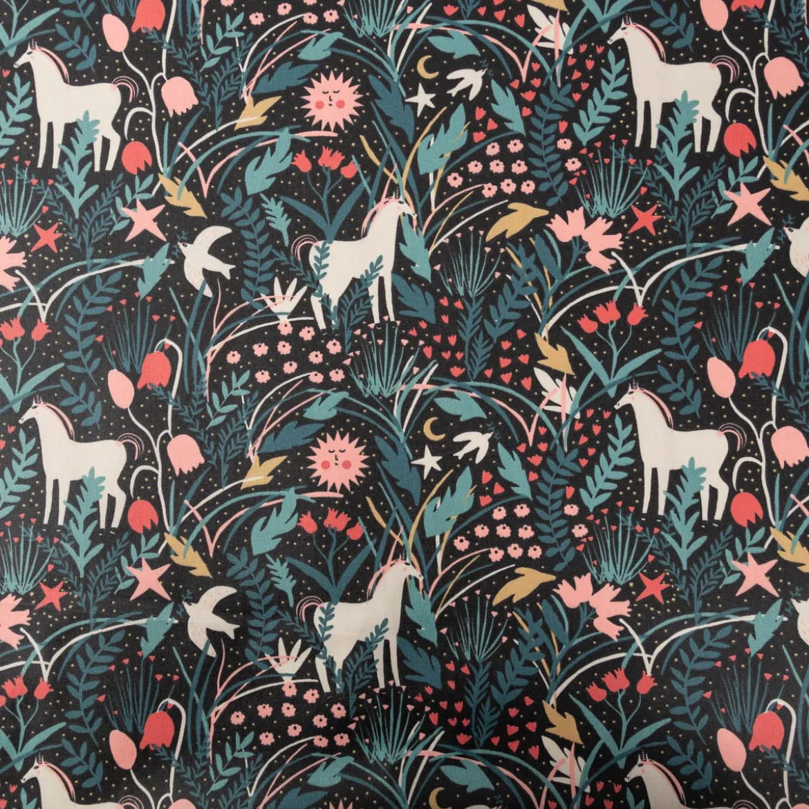 Tischdeckenstoff abwaschbar Baumwollstoff beschichtet AZORA Einhorn Blumen schwarz bunt 1,45m Breite