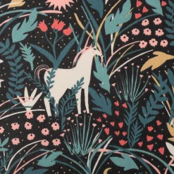 Tischdeckenstoff abwaschbar Baumwollstoff beschichtet AZORA Einhorn Blumen schwarz bunt 1,45m Breite