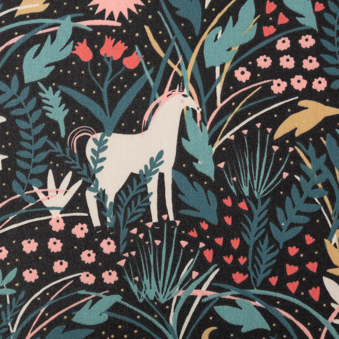Tischdeckenstoff abwaschbar Baumwollstoff beschichtet AZORA Einhorn Blumen schwarz bunt 1,45m Breite