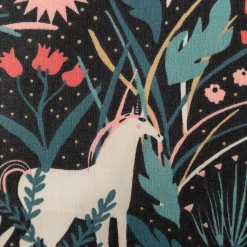 Tischdeckenstoff abwaschbar Baumwollstoff beschichtet AZORA Einhorn Blumen schwarz bunt 1,45m Breite
